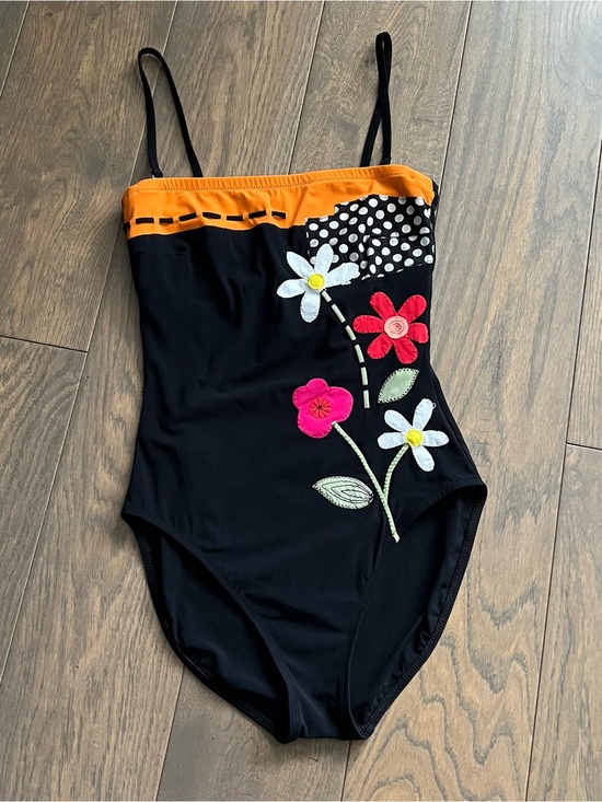 Gottex Other - Gottex Black One-Piece Swimsuit with Orange Trim and Floral Appliqués US 8
